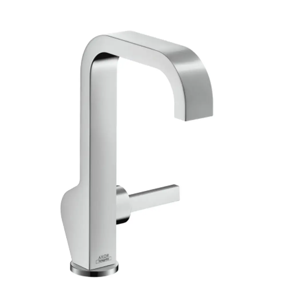 Ein AXOR Waschtischmischer in Chrom mit hohem Auslauf und seitlichem Hebel für die Wassermenge und -temperatur. Ideal für moderne Badezimmer.